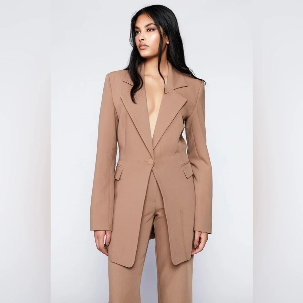 Bardot Camel Tan Single-Button Long Blazer